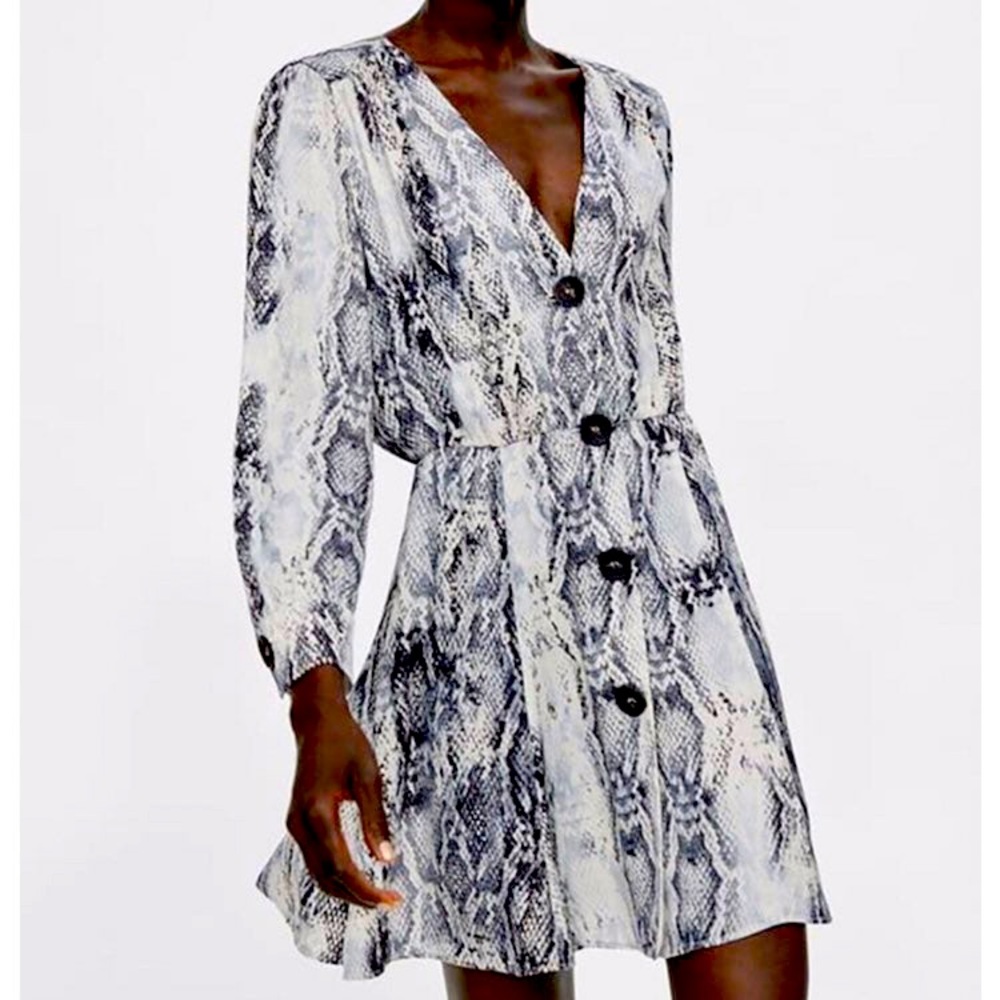 Zara button down long sleeve snake skin dress